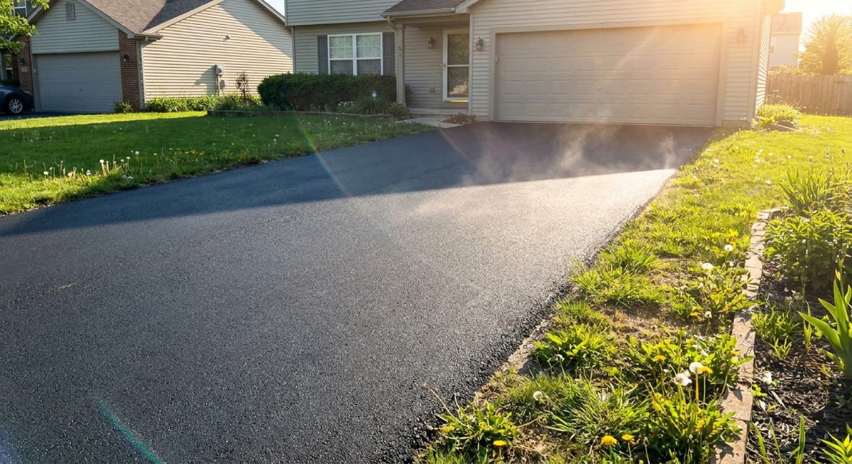Blacktop repair completed on a residential driveway in McLean, VA — a freshly patched and resurfaced asphalt driveway leading to the garage