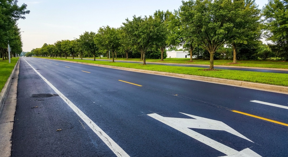 Roadway with a marked turn lane, showing why fresh pavement markings matter for traffic flow