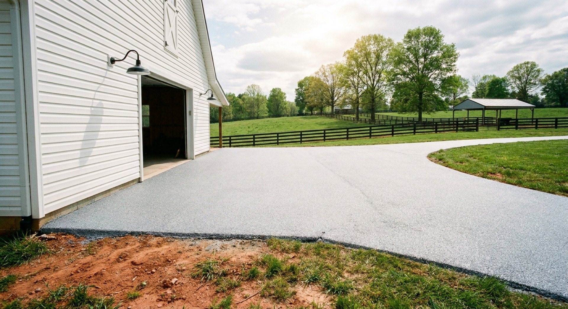 Freshly repaired driveway with a smooth, level asphalt surface
