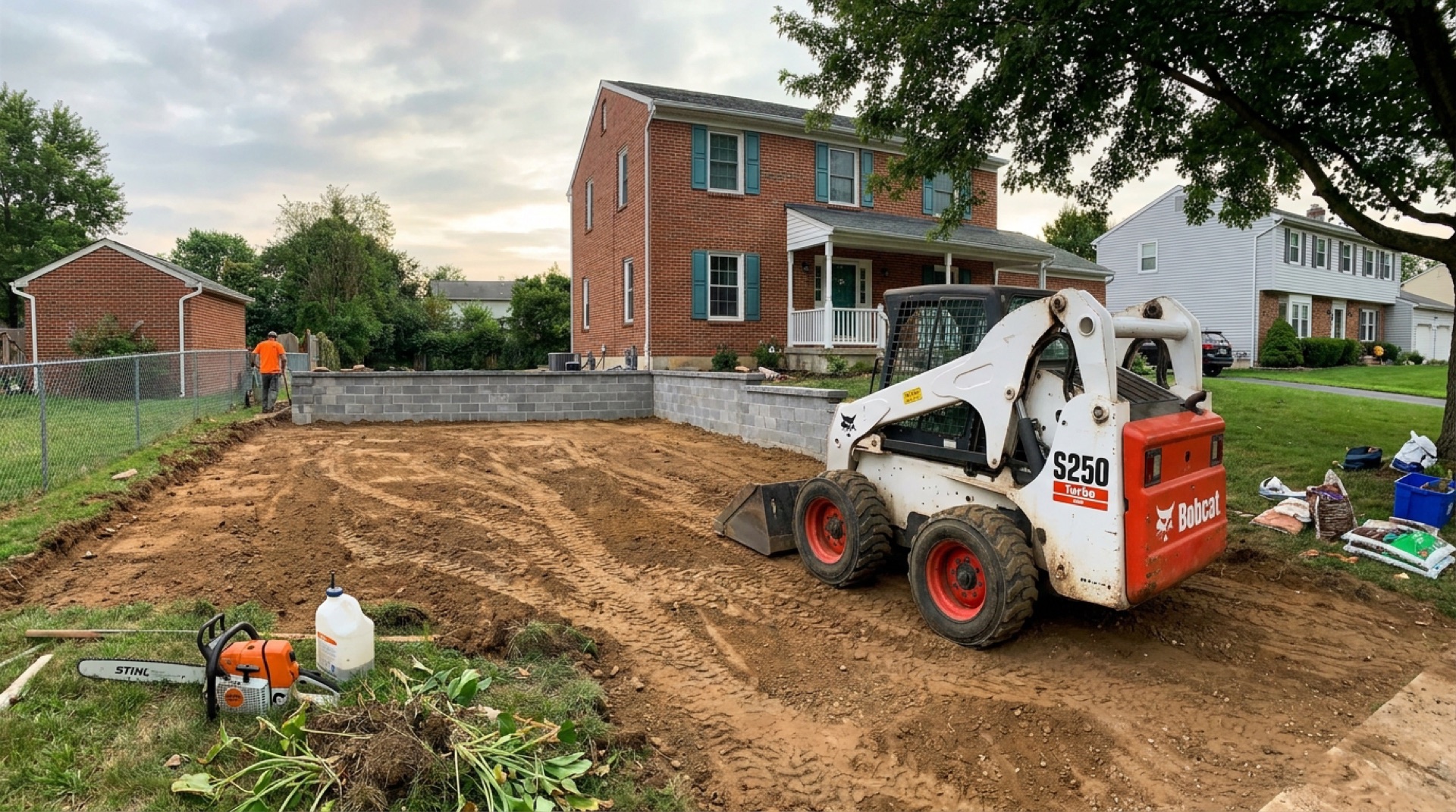 Skid steer preparing a base ahead of pavement reinforcement